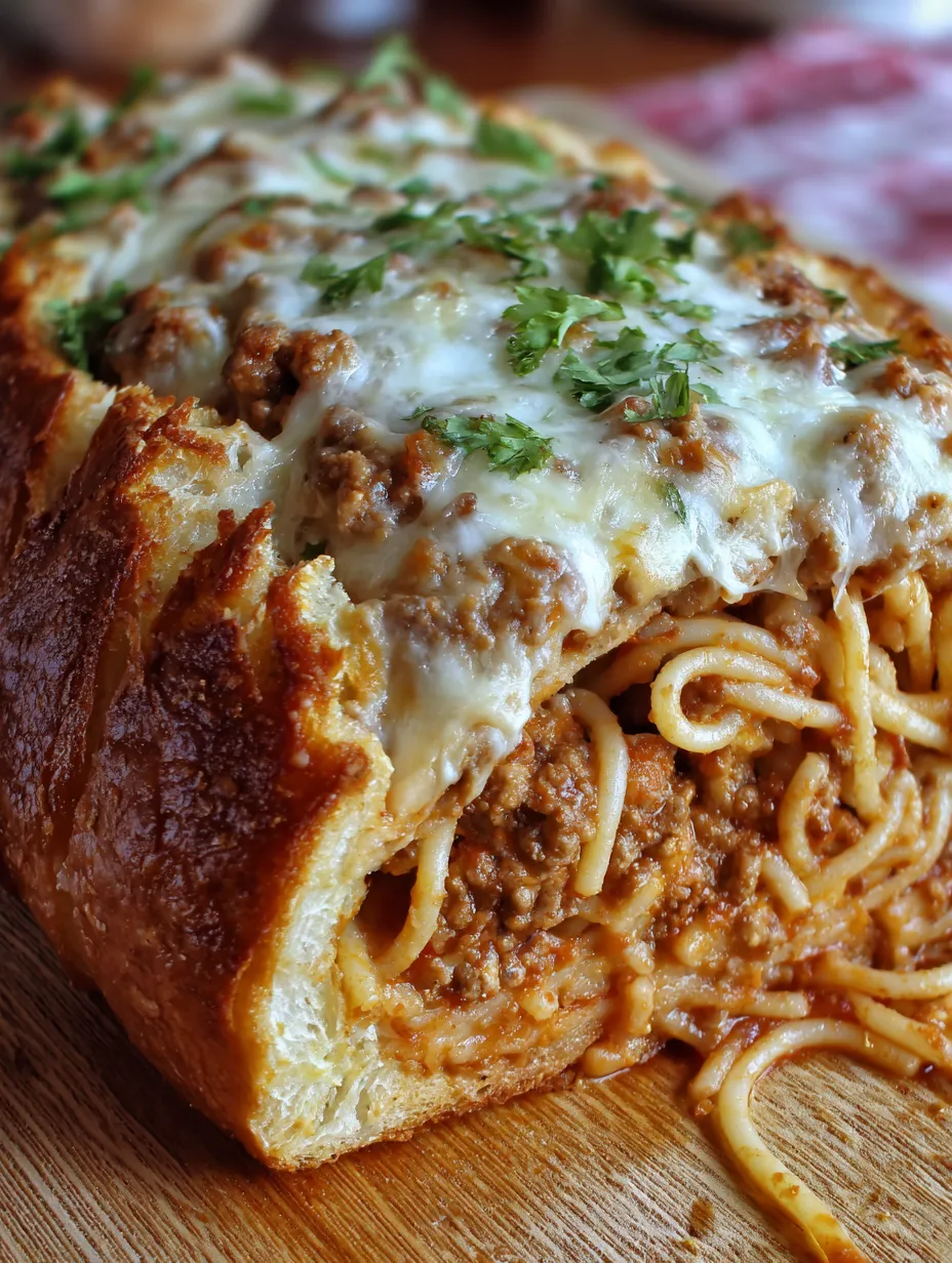 A close up of a spaghetti stuffed garlic bread.