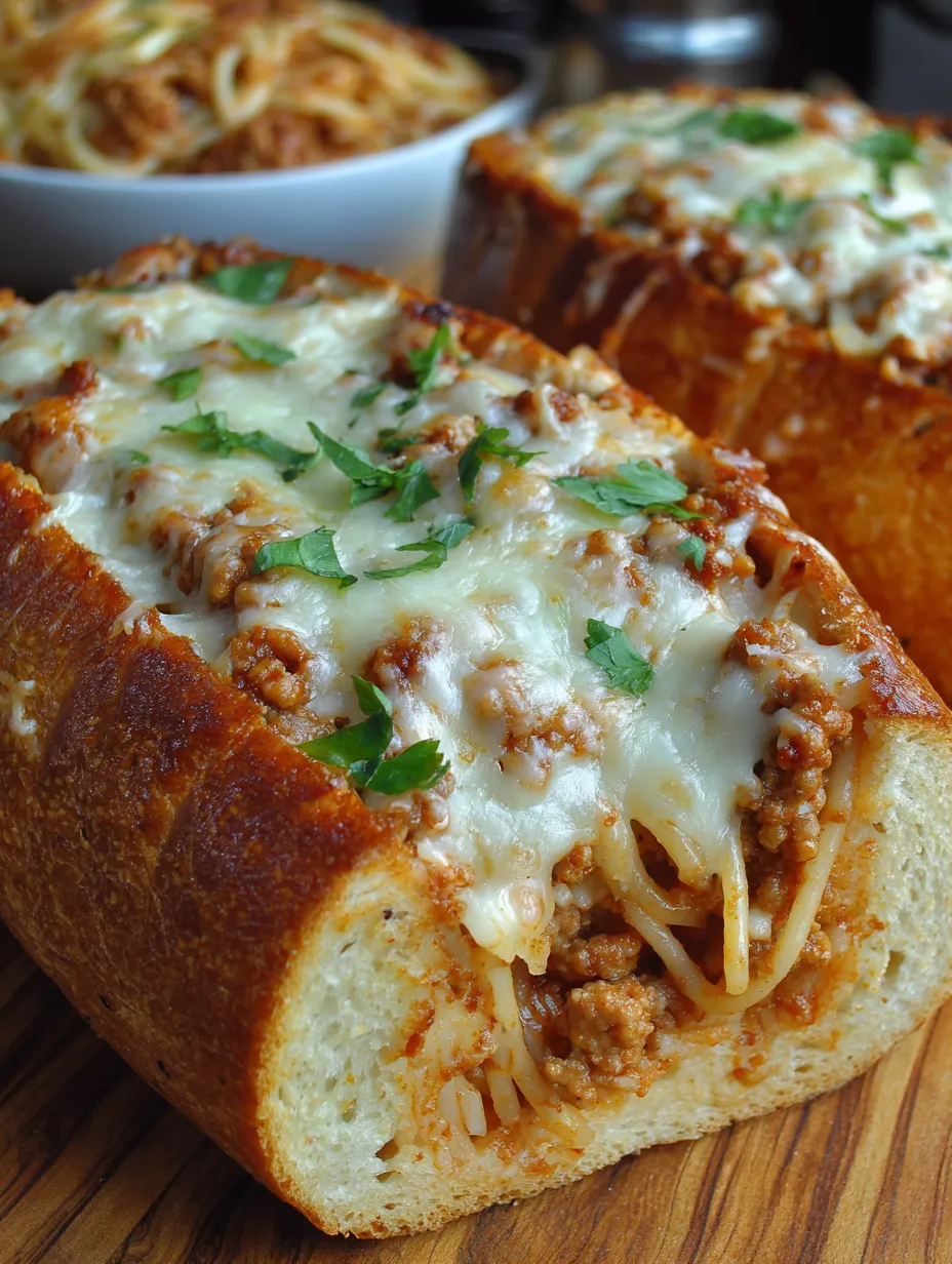 A slice of spaghetti stuffed garlic bread.