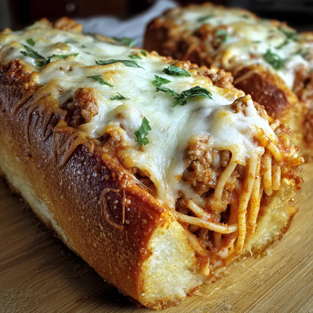 A slice of spaghetti stuffed garlic bread.