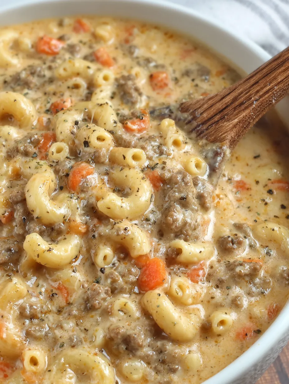 A bowl of cheeseburger macaroni soup.