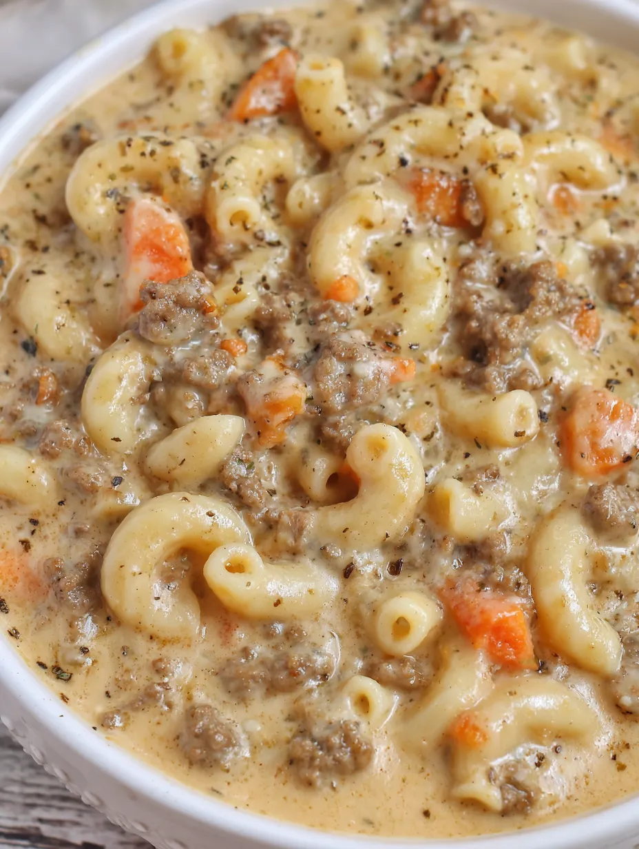 A bowl of cheeseburger macaroni soup.