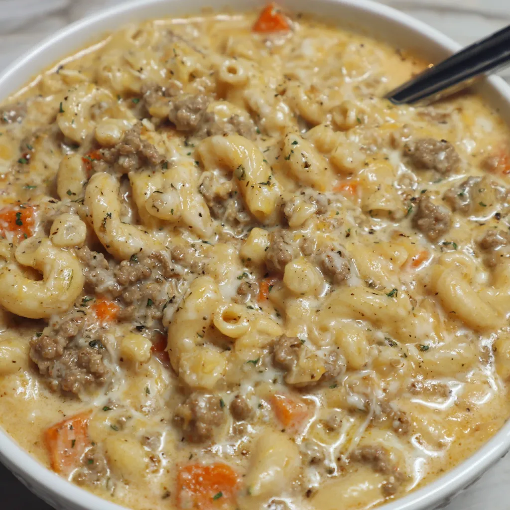 A bowl of macaroni and cheese with meat and vegetables.