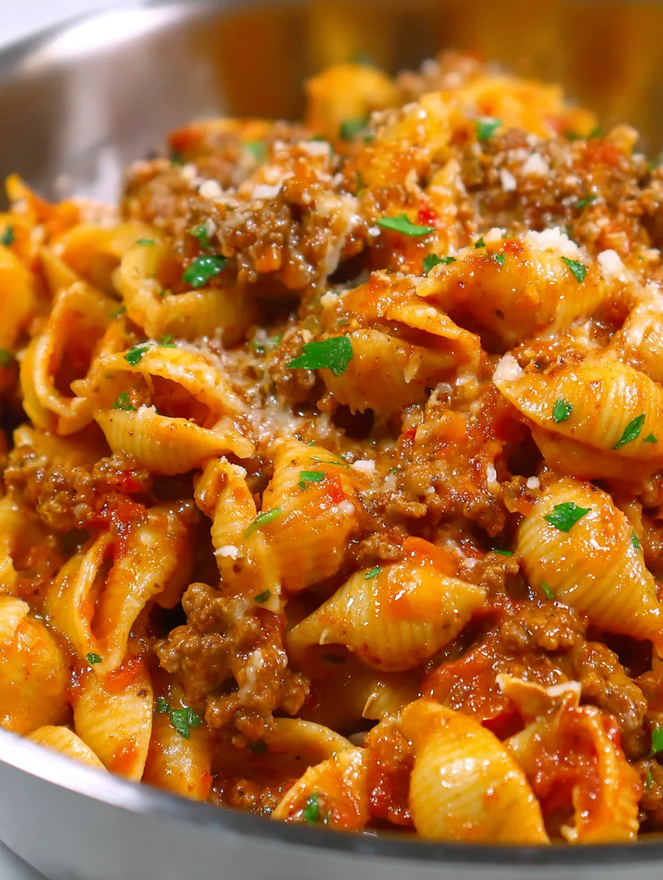 A bowl of pasta with meat and cheese.