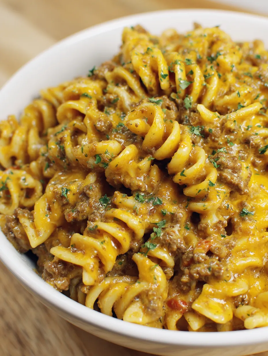 A bowl of creamy beef pasta.