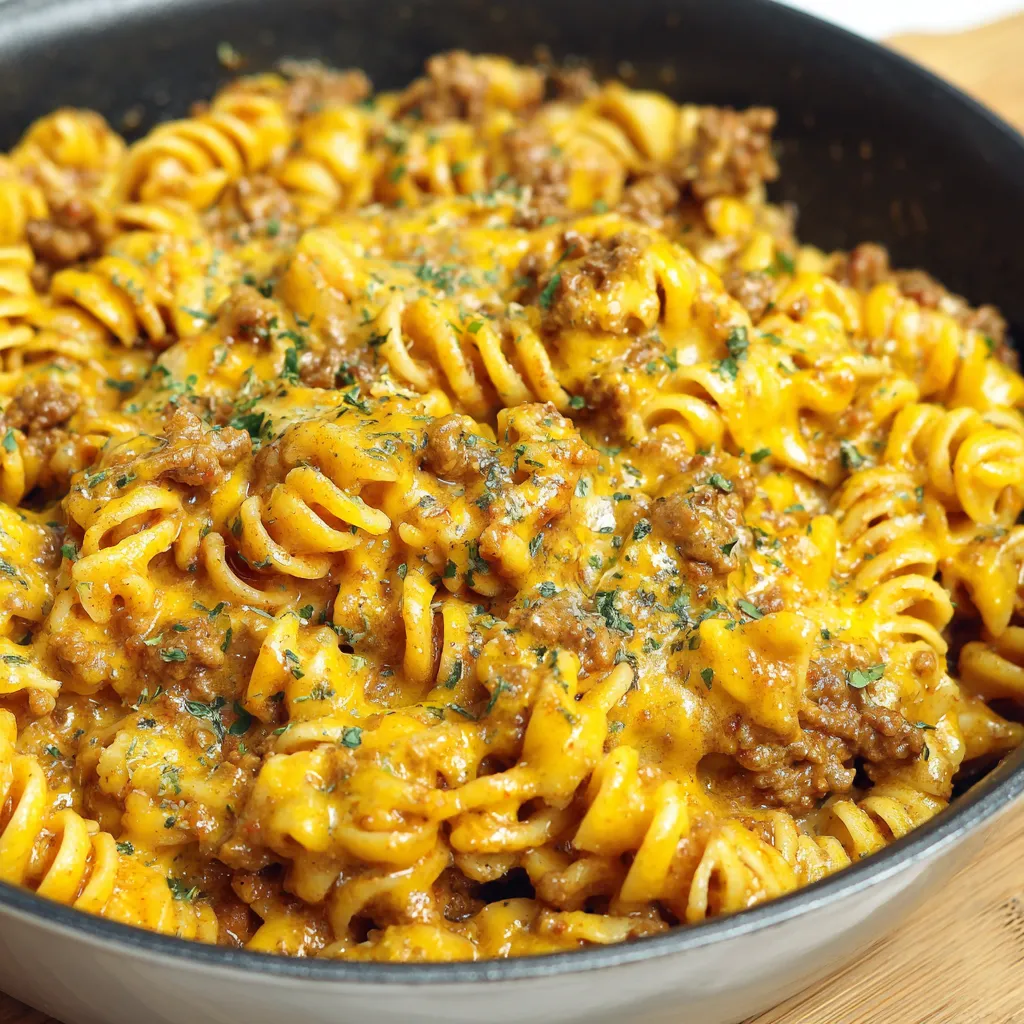 A bowl of creamy beef pasta.