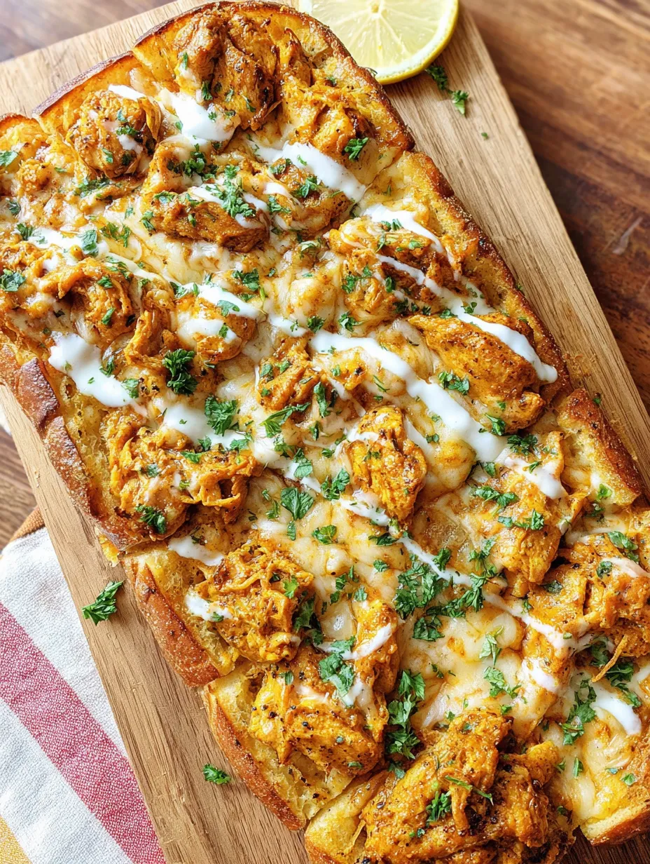 A tandoori chicken garlic bread on a wooden cutting board.