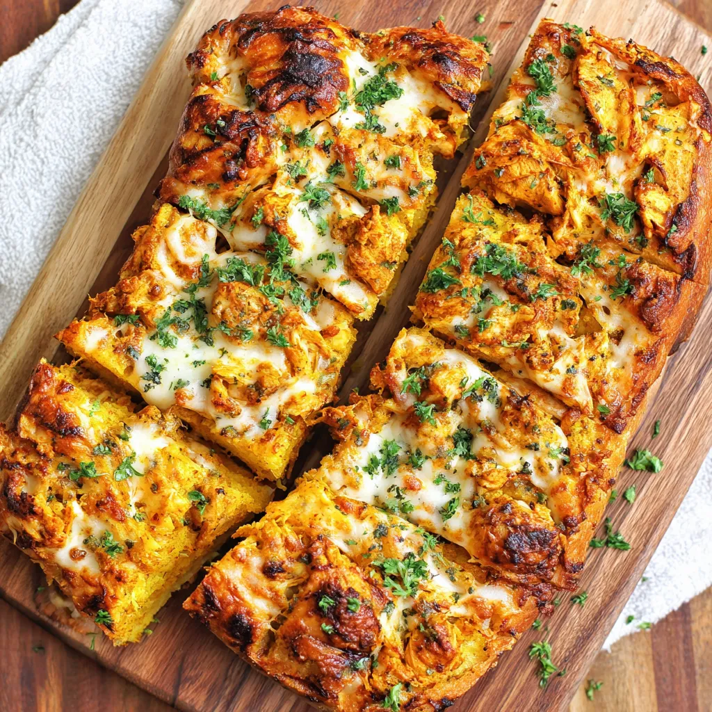 A tandoori chicken garlic bread is sliced into four pieces.