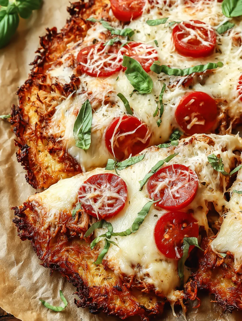 A slice of chicken crust pizza with tomatoes and basil.