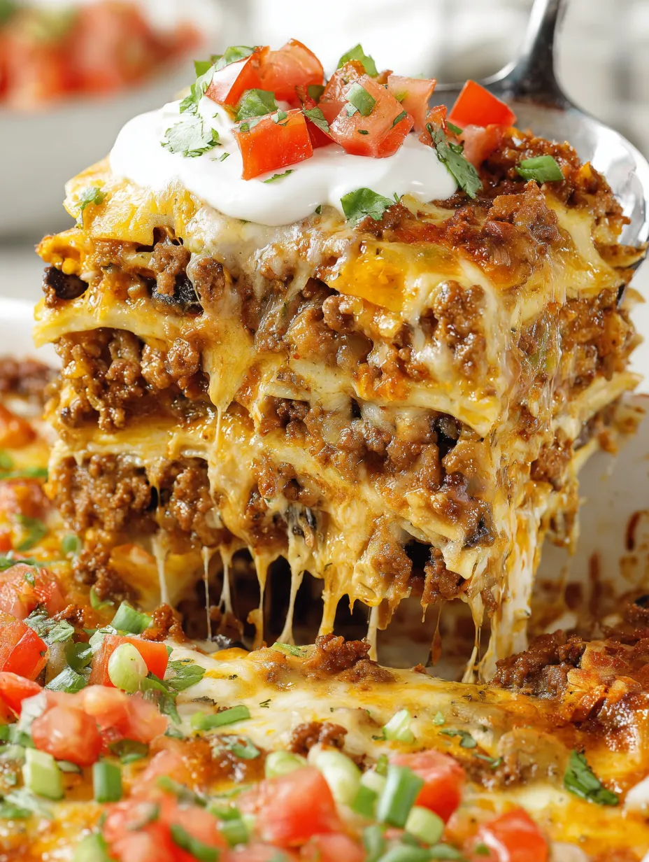 A close up of a Mexican lasagna.