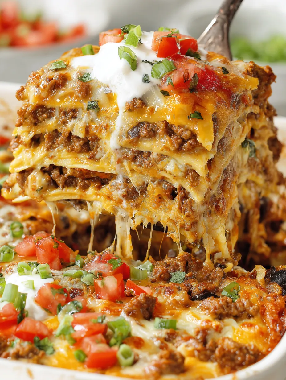 A close up of a Mexican lasagna with cheese and tomatoes.