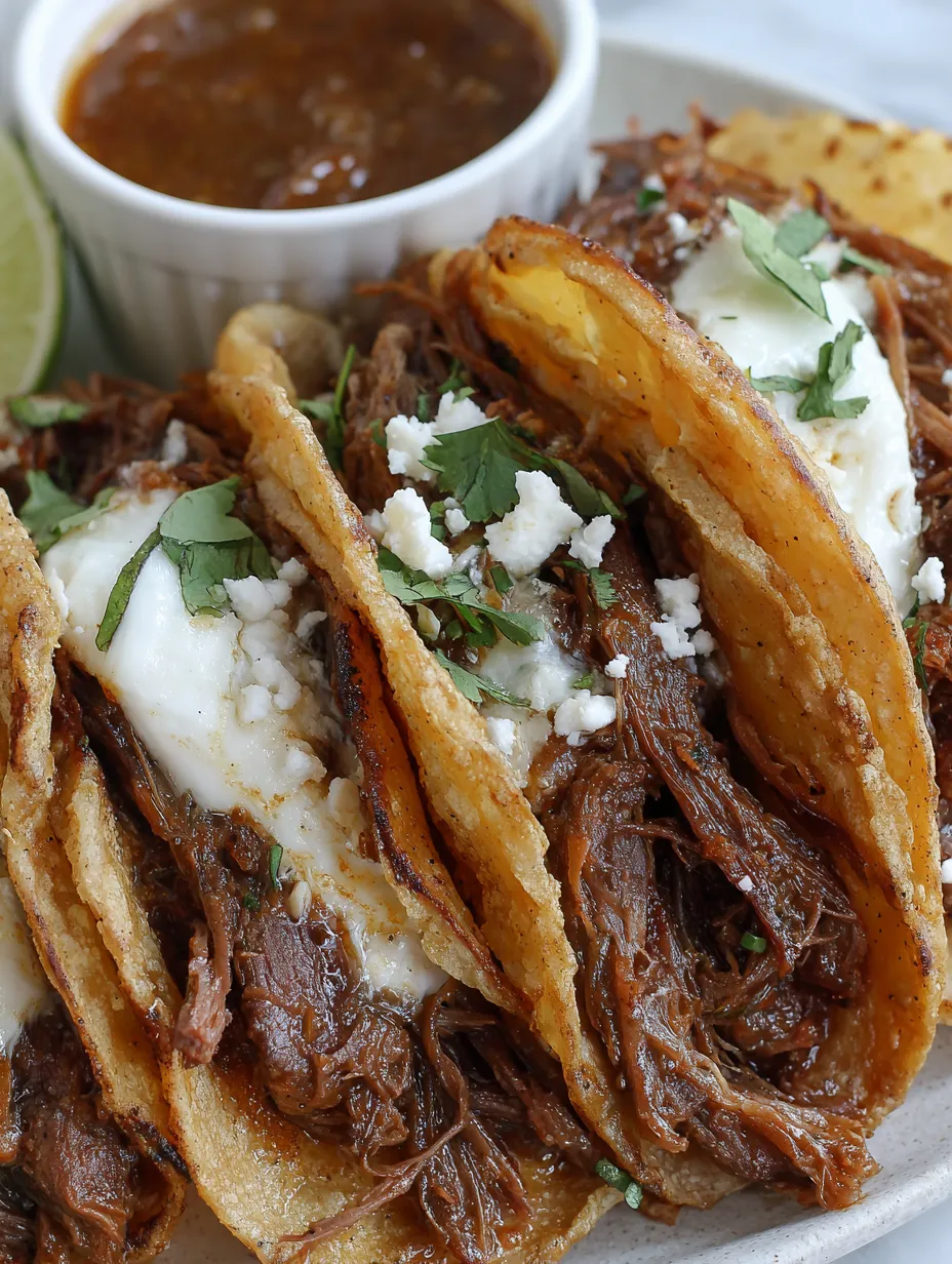A plate of beef birria tacos with consomme.