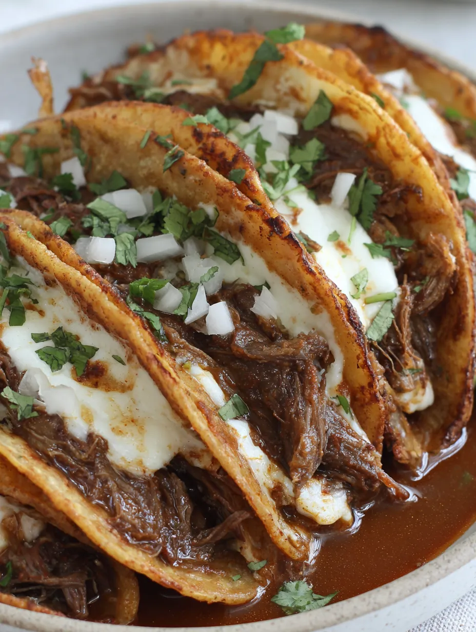 A plate of beef birria tacos with consomme.