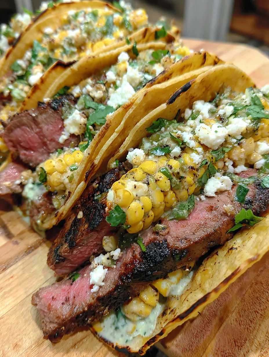 Grilled elote steak tacos on a wooden board.