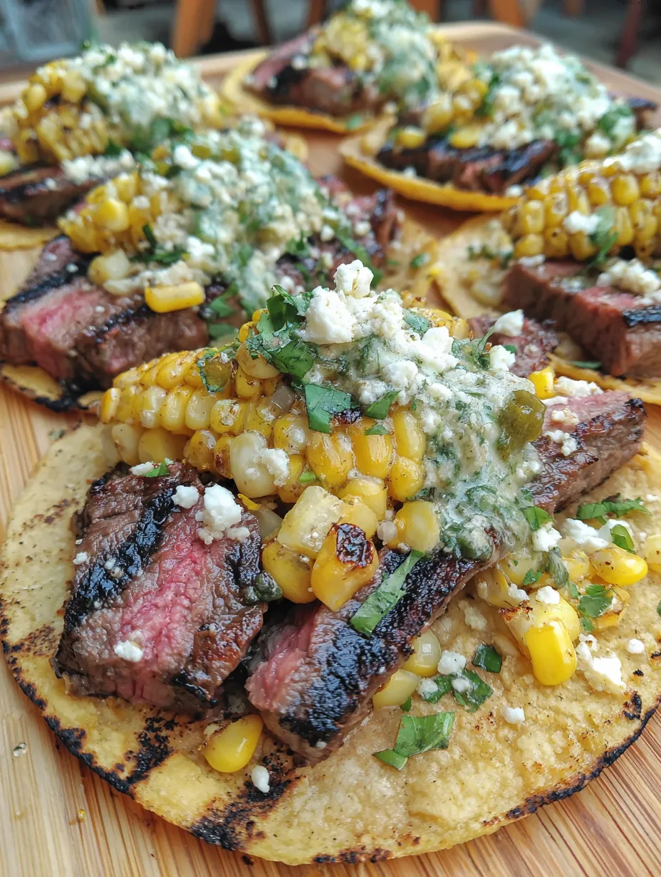 Grilled elote steak tacos with blue cheese.