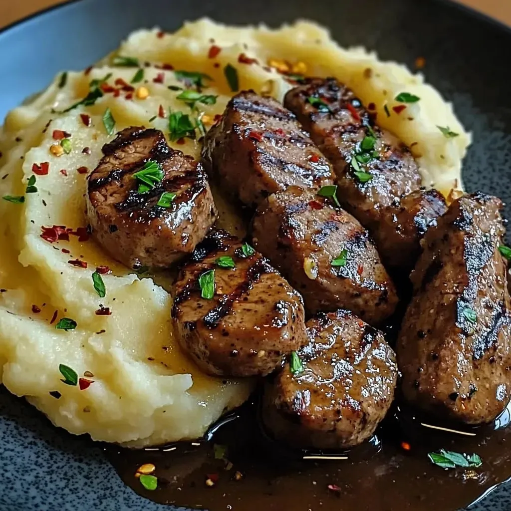 Meat and potatoes on a plate.