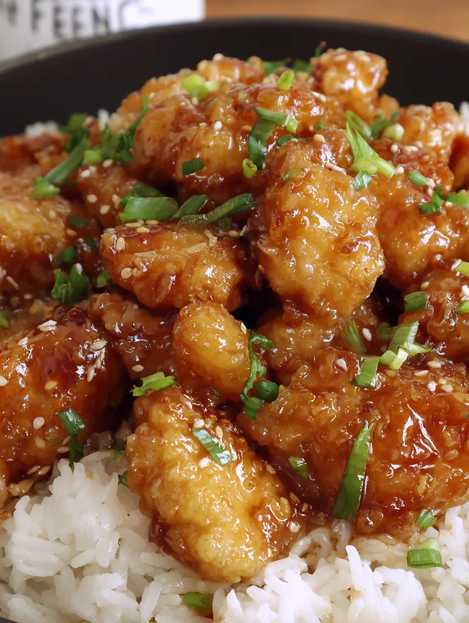A plate of crispy honey chicken with rice.