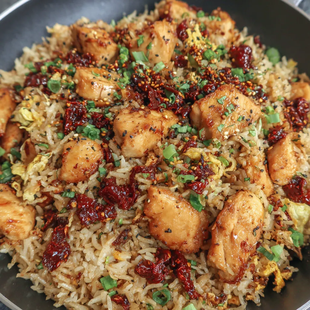 A plate of BBQ chicken fried rice.