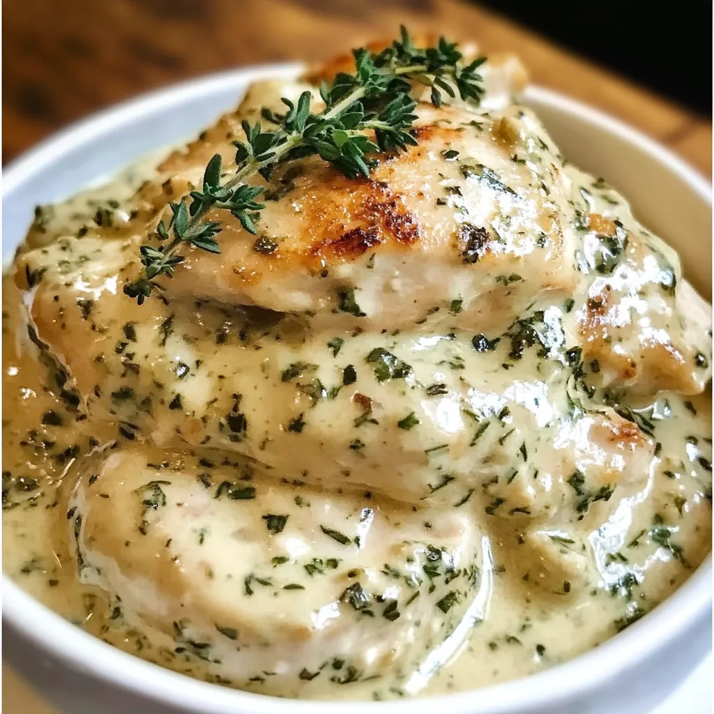 A bowl of chicken with herbs on top.