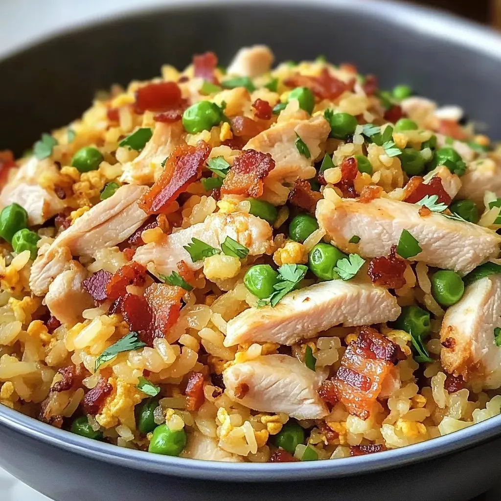 A bowl of rice with chicken and peas.