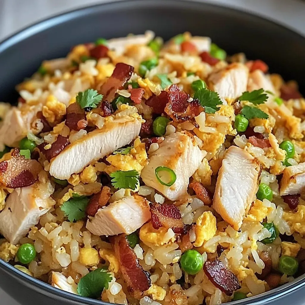 A bowl of rice with chicken and peas.