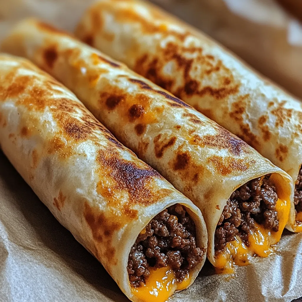 A burrito with cheese and meat on a paper towel.