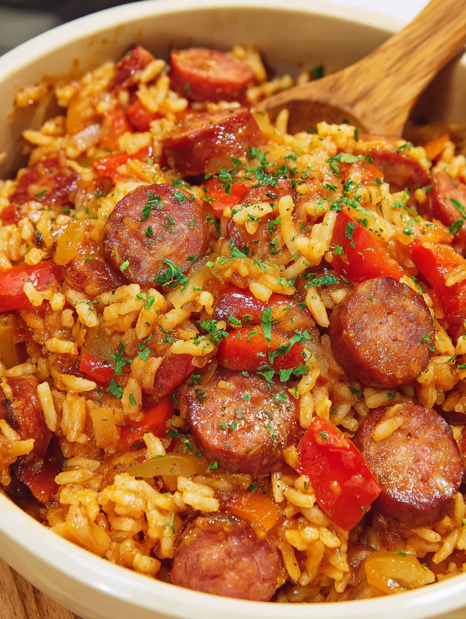 A dish of rice and sausage.