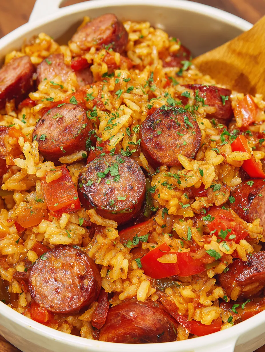 A plate of rice and sausage.