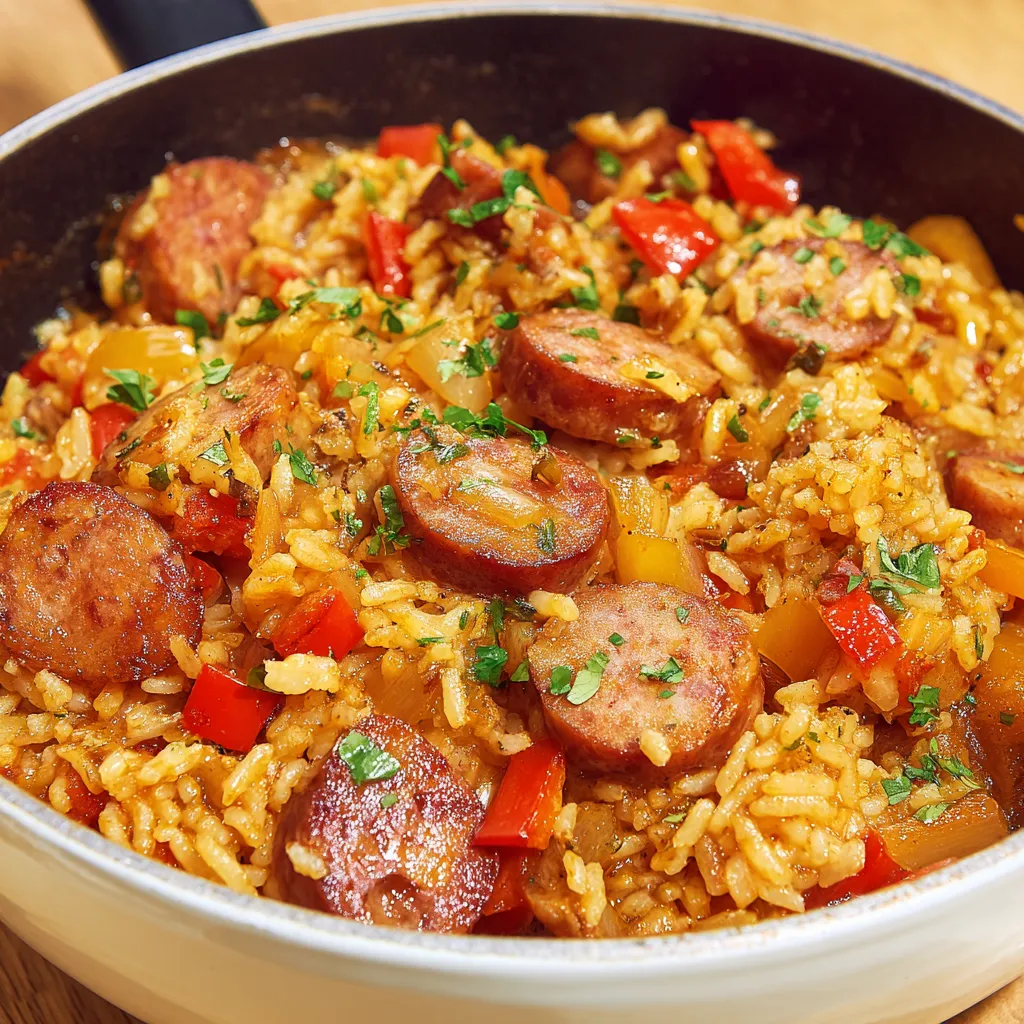 A pot of rice with sausage and peppers.