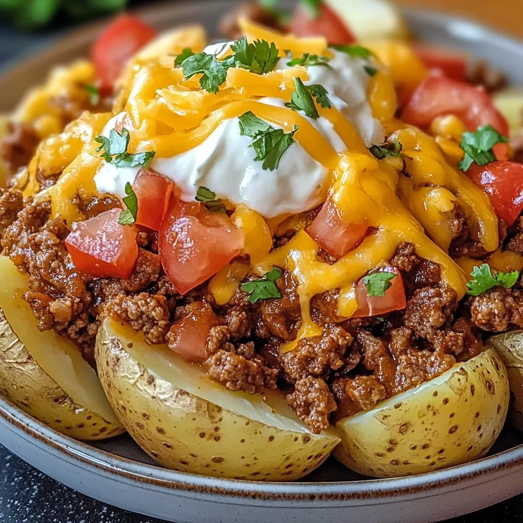 A plate of food with a cheese covered potato and meat.
