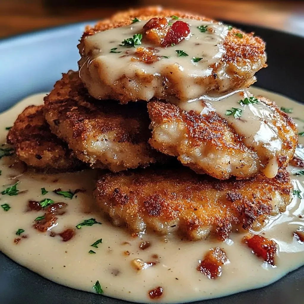 A stack of breaded meat with gravy on top.