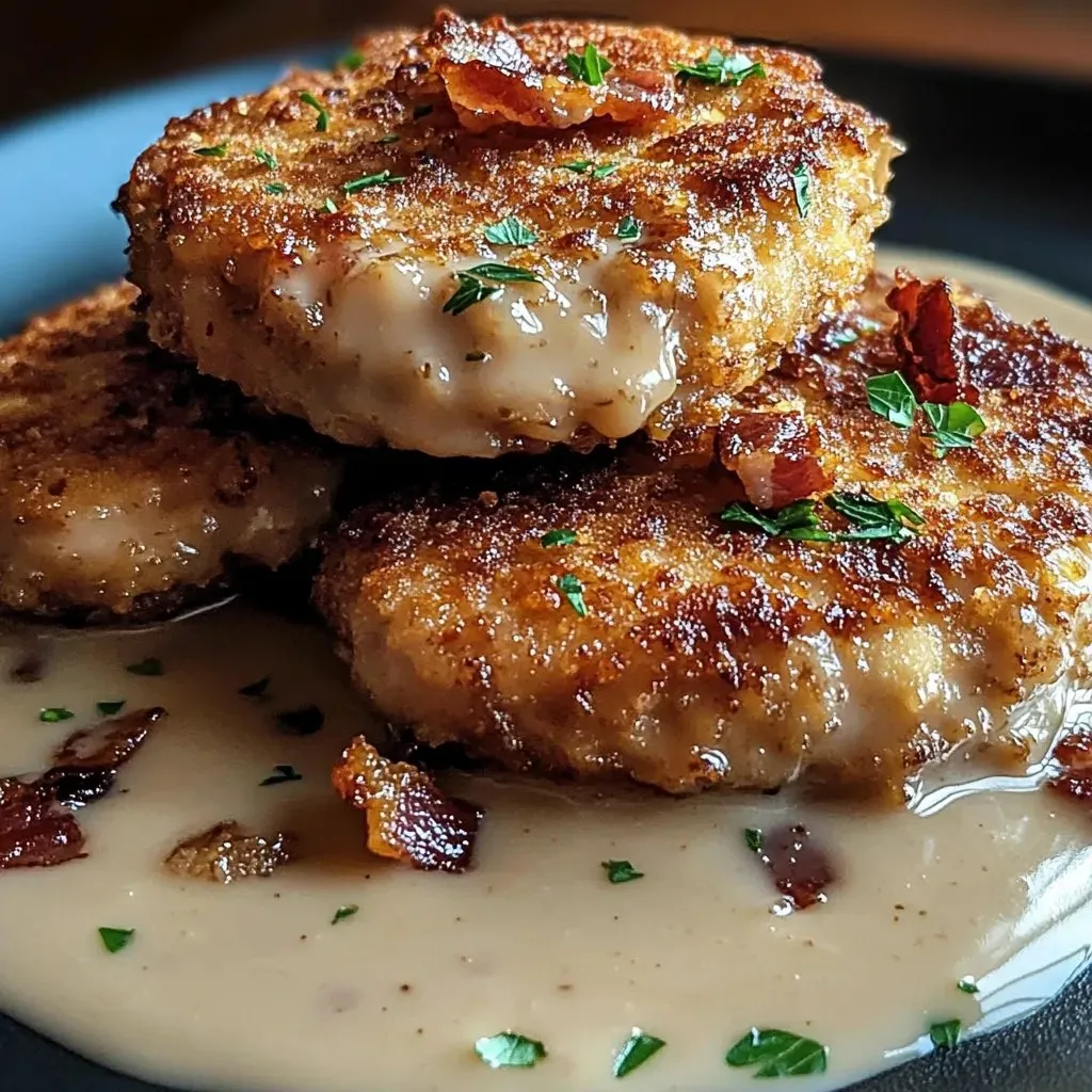 Bacon and chicken patties on a plate with gravy.