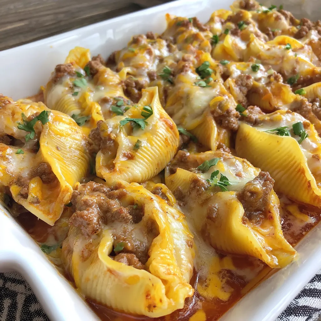 A dish of cheesy taco stuffed pasta shells.
