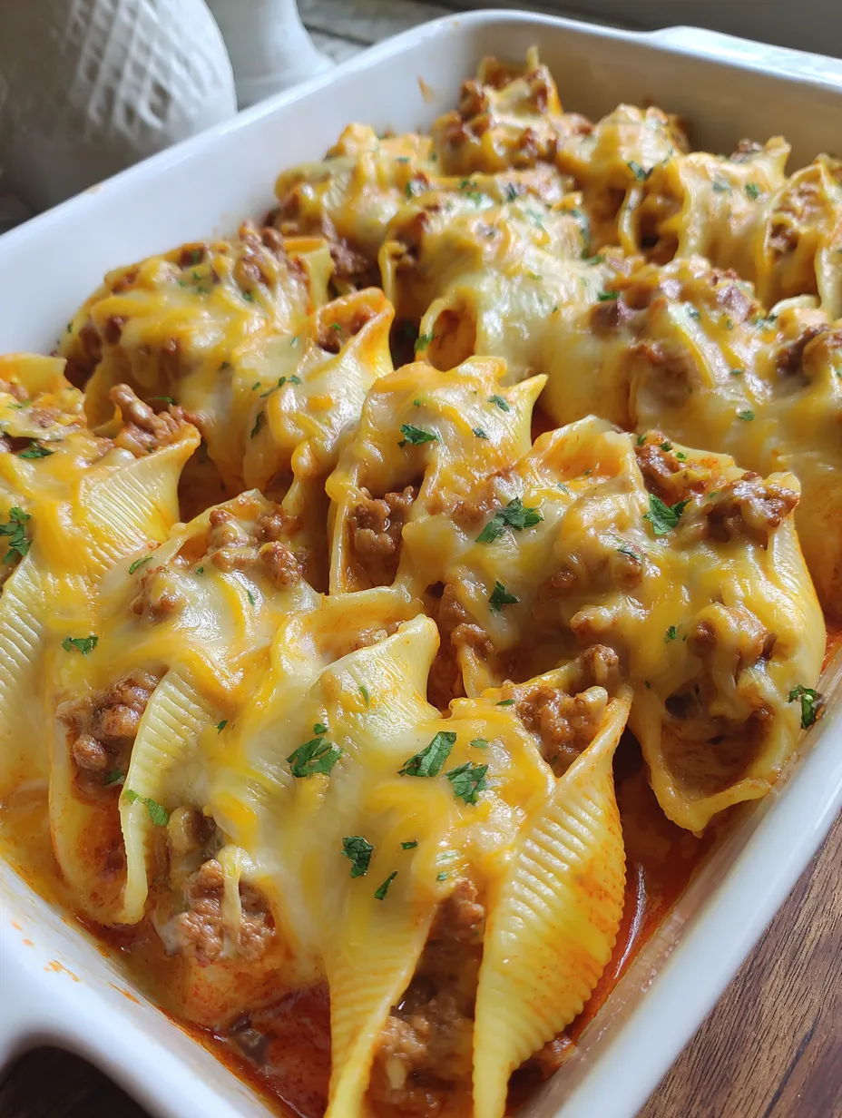 A dish of cheesy taco stuffed pasta shells.