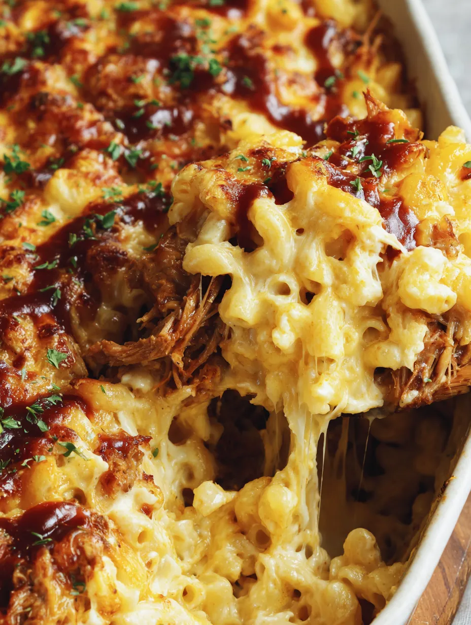A delicious pulled pork mac and cheese dish.