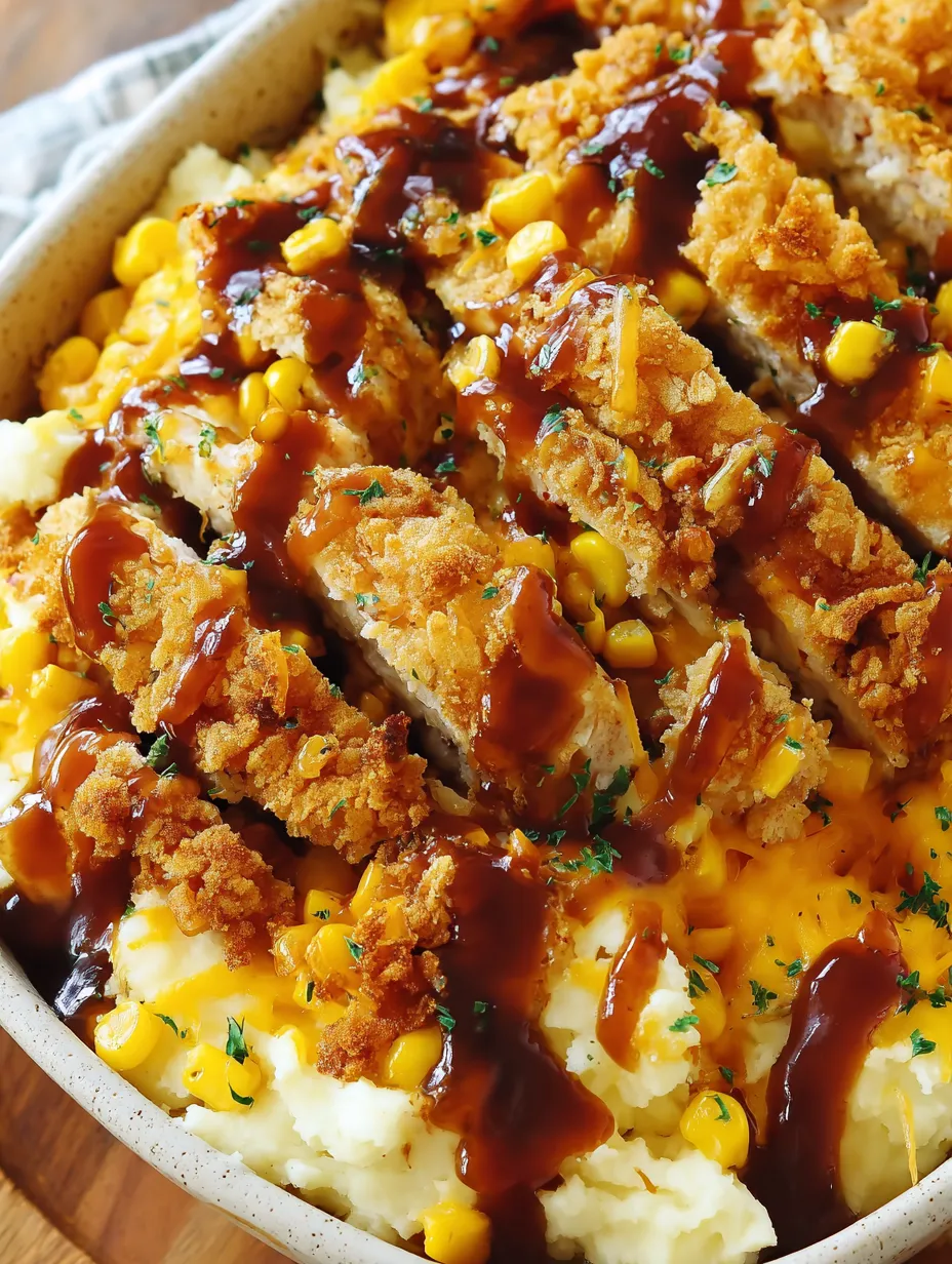 A delicious mashed potato casserole with crispy chicken.