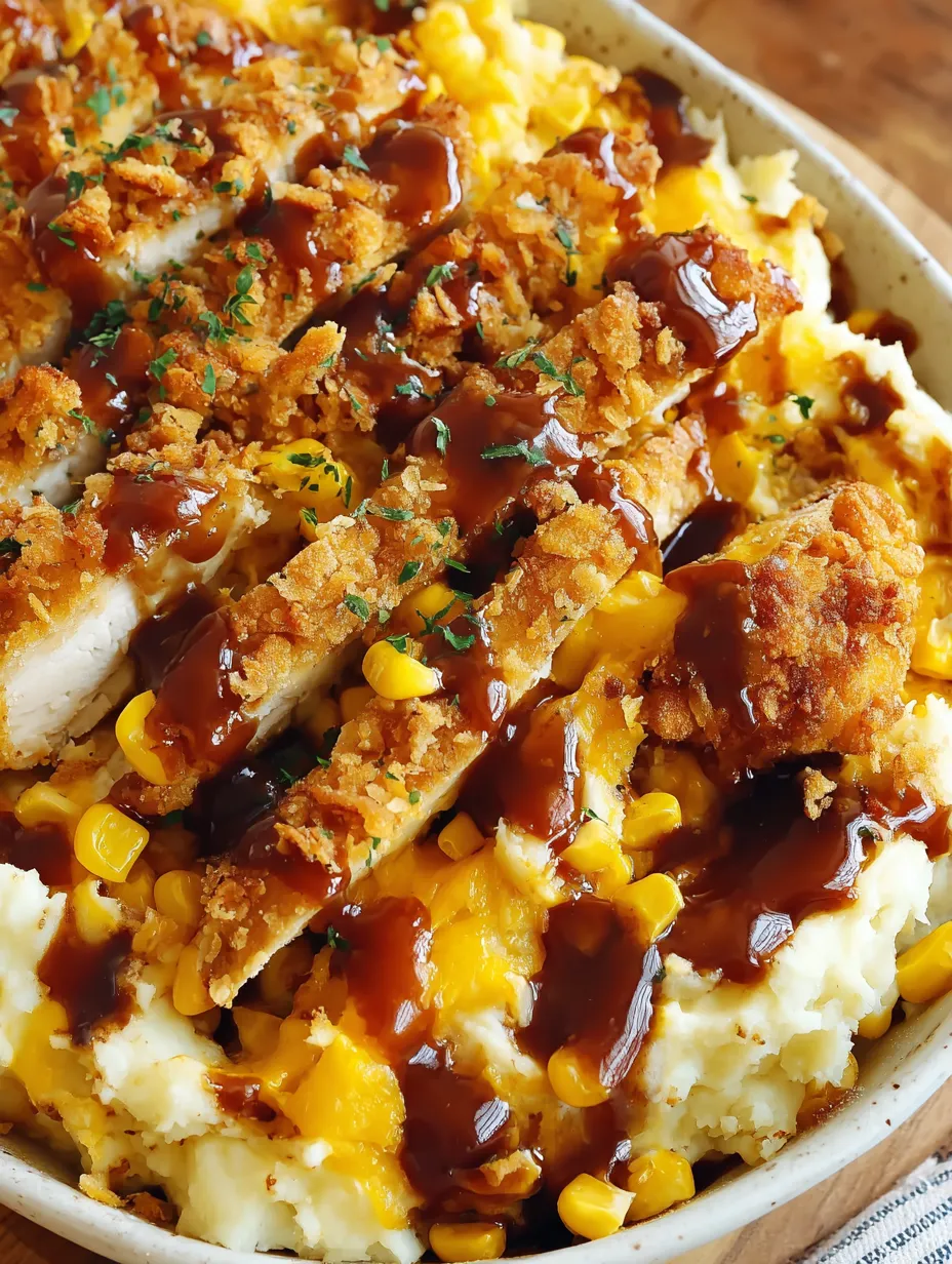 A dish of mashed potatoes with chicken and gravy.