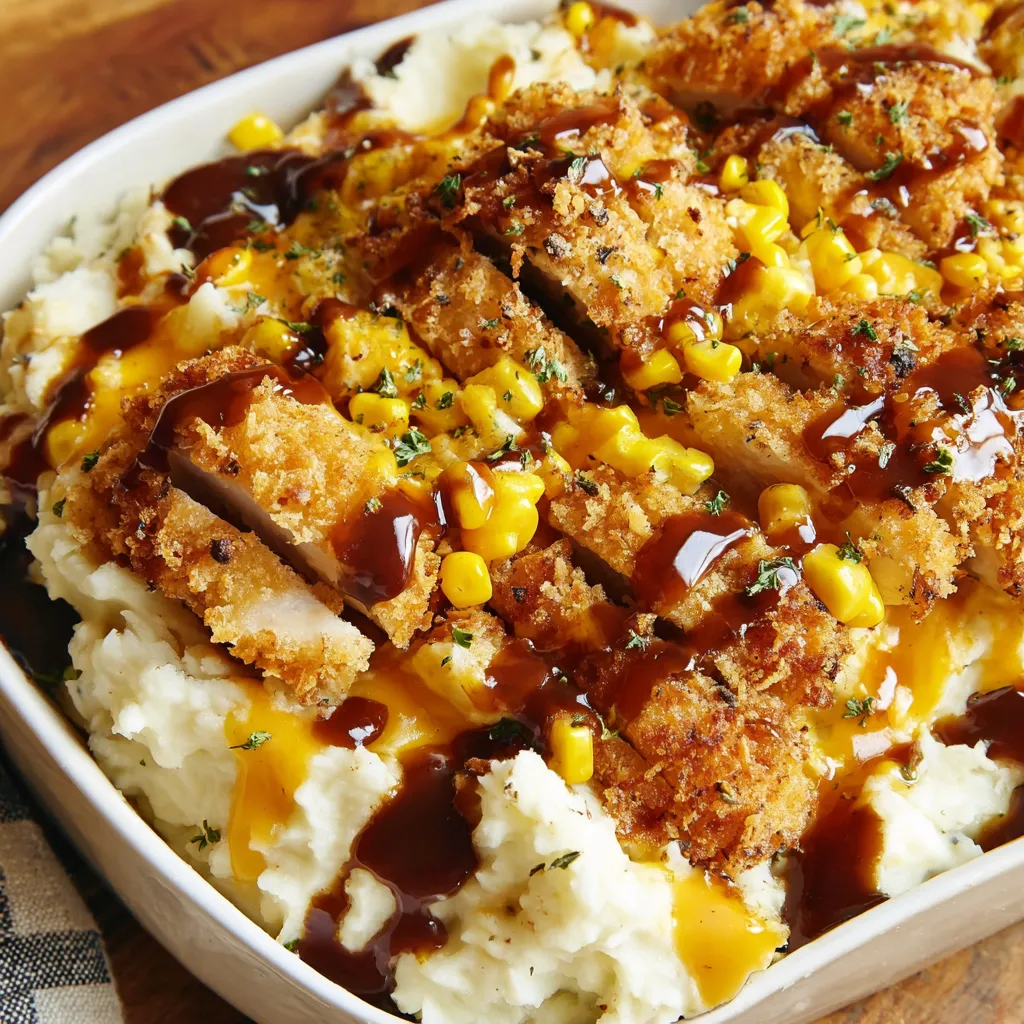 A dish of mashed potatoes with chicken and gravy.