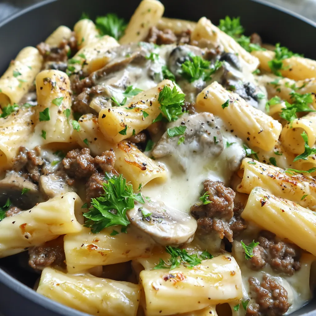 A bowl of pasta with mushrooms and cheese.