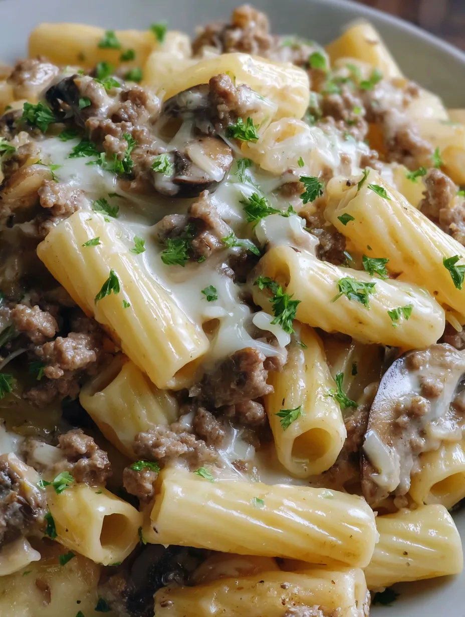 A plate of pasta with meat and cheese.