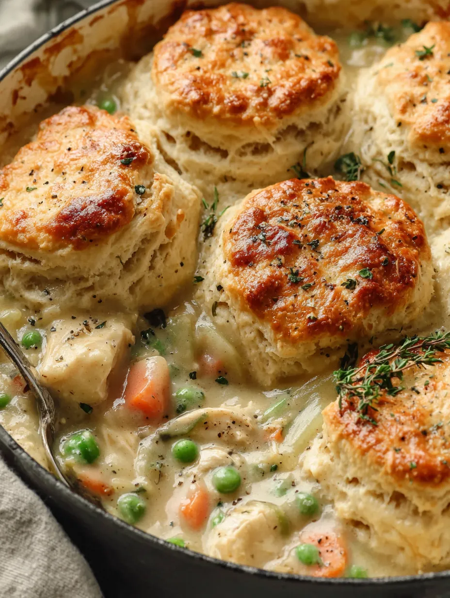A dish of chicken pot pie with biscuits.