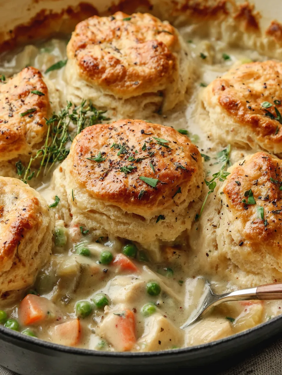 A close up of a chicken pot pie with biscuits.