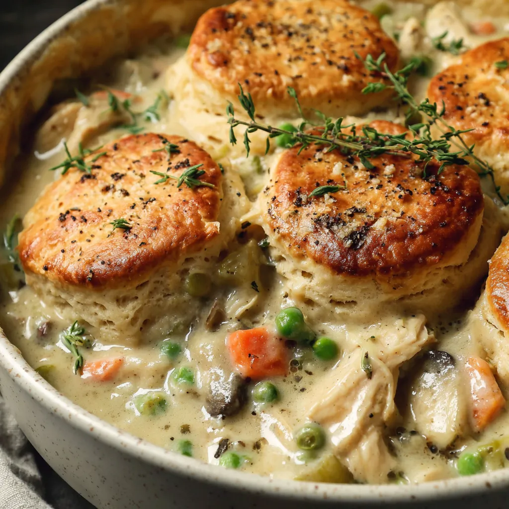 A bowl of chicken pot pie with biscuits.