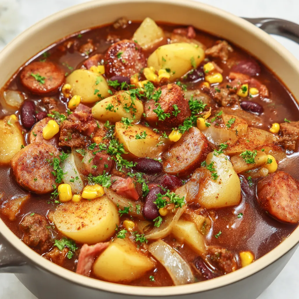 A bowl of cowboy stew with sausage, potatoes, and corn.