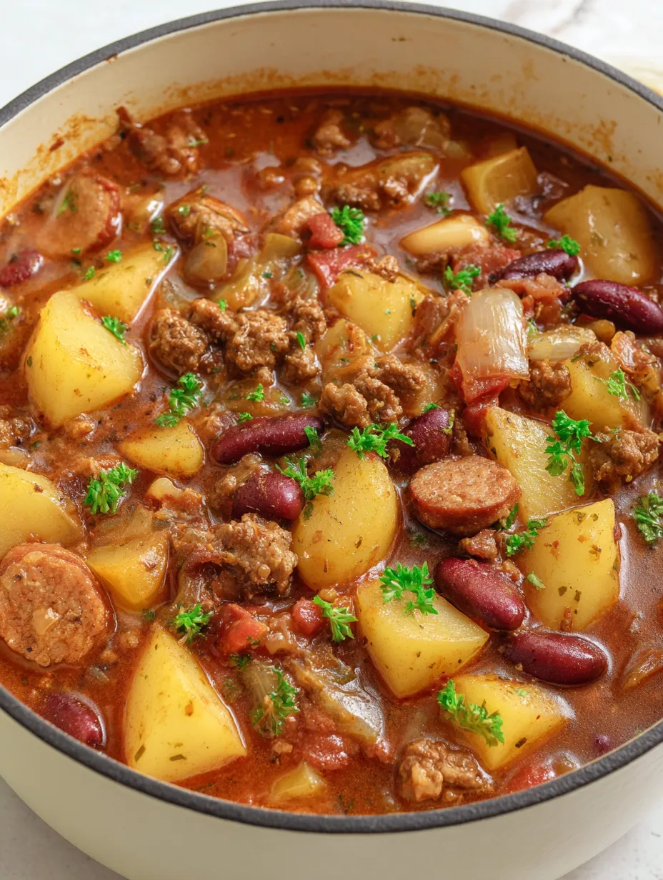 A bowl of cowboy stew with meat and potatoes.