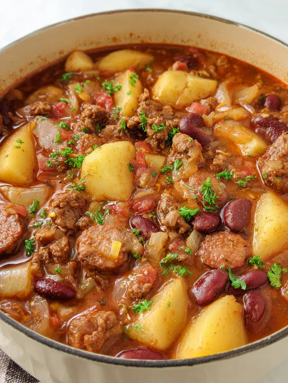 A bowl of cowboy stew with meat, potatoes, and vegetables.