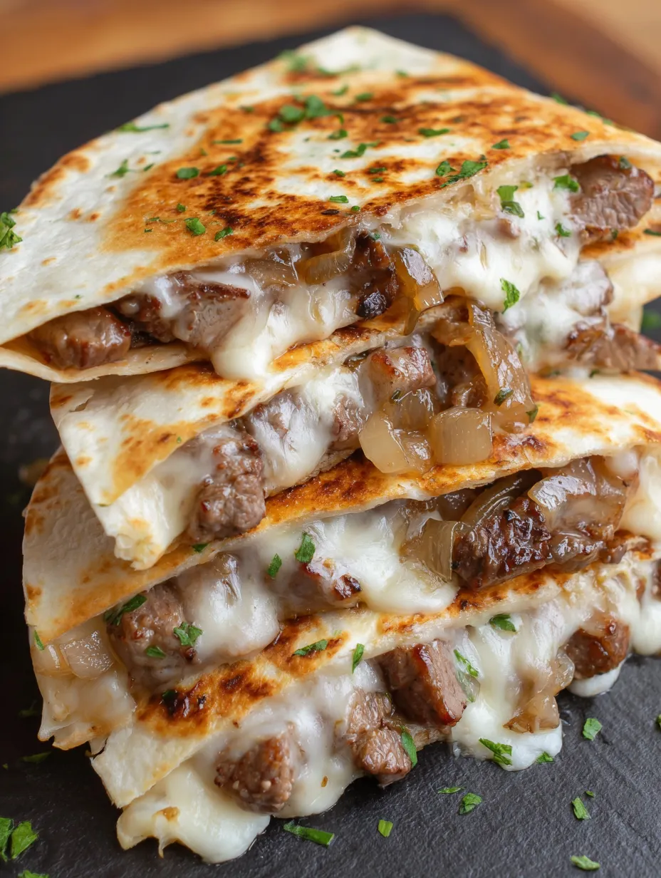 A stack of steak and cheese quesadillas on a black plate.