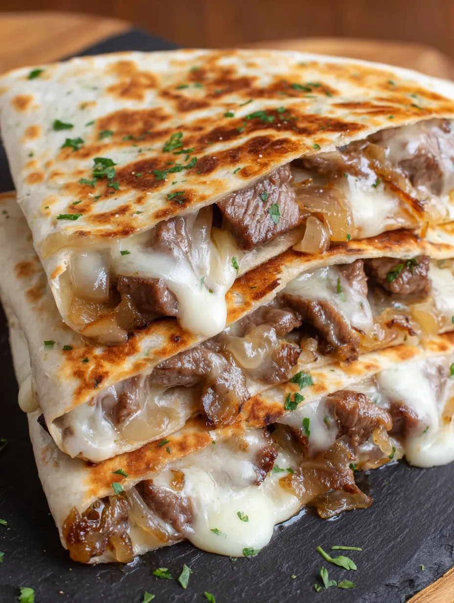 A stack of steak and cheese quesadillas on a blackstone.