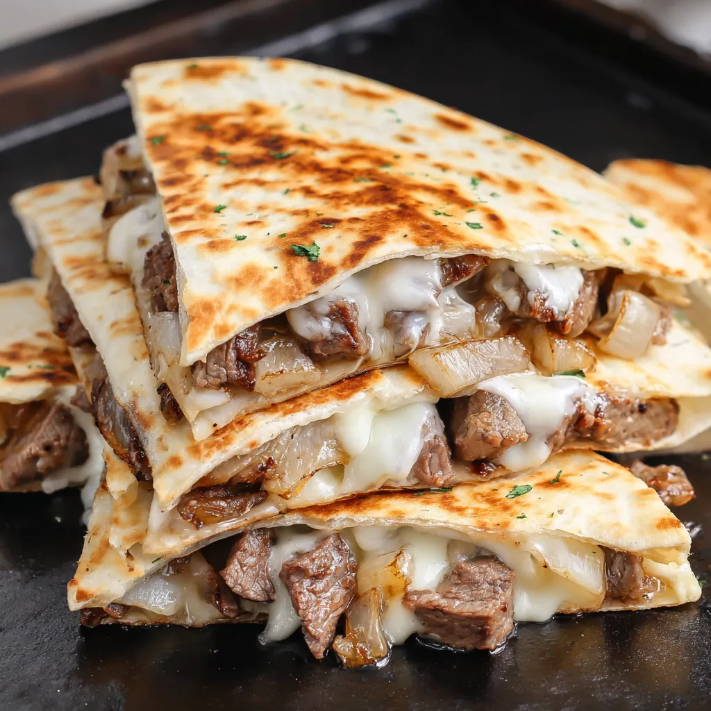 Steak and cheese quesadillas on a blackstone.