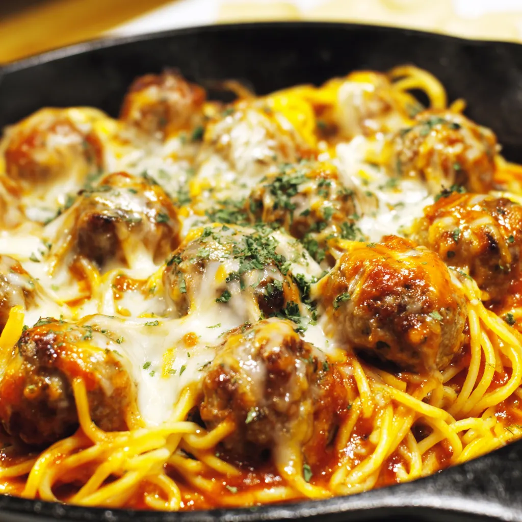 A dish of baked spaghetti and meatballs.
