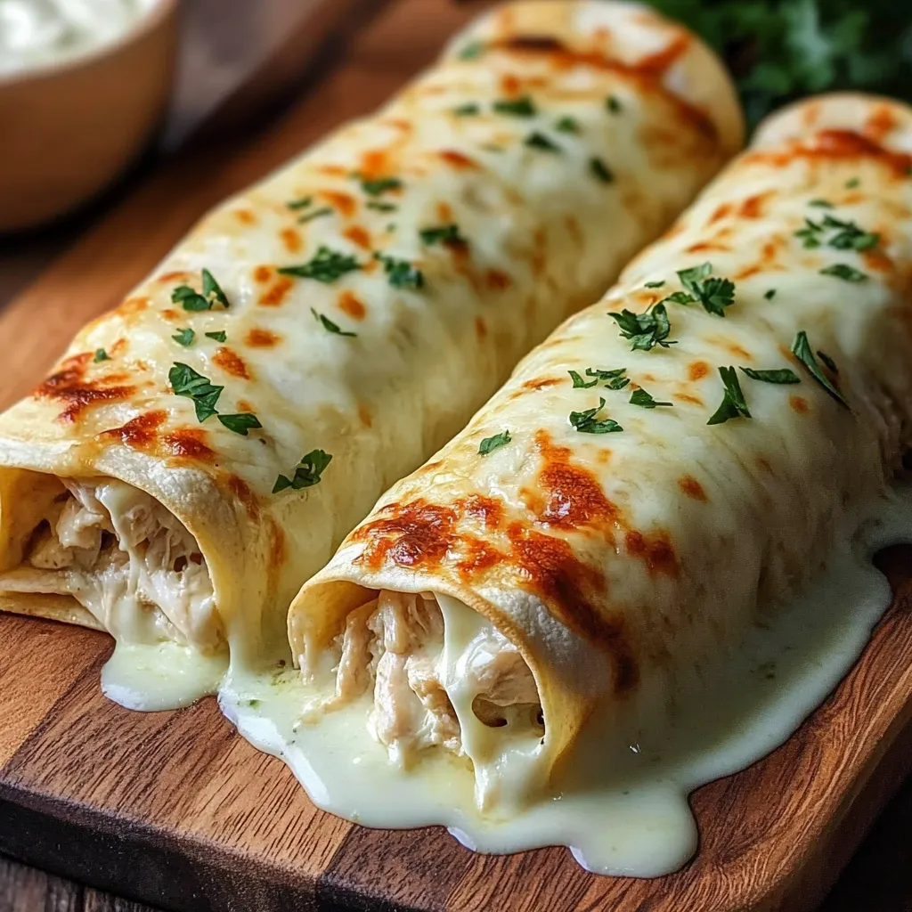 Two cheese filled burritos on a wooden cutting board.